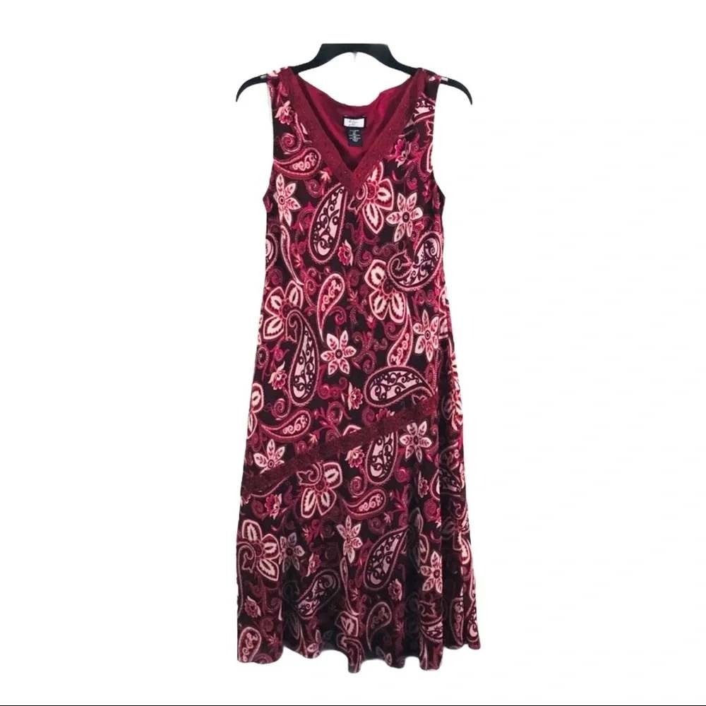 Believe Petite Paisley Floral V-Neck Midi Dress Red Pink Size 12P Women Boho